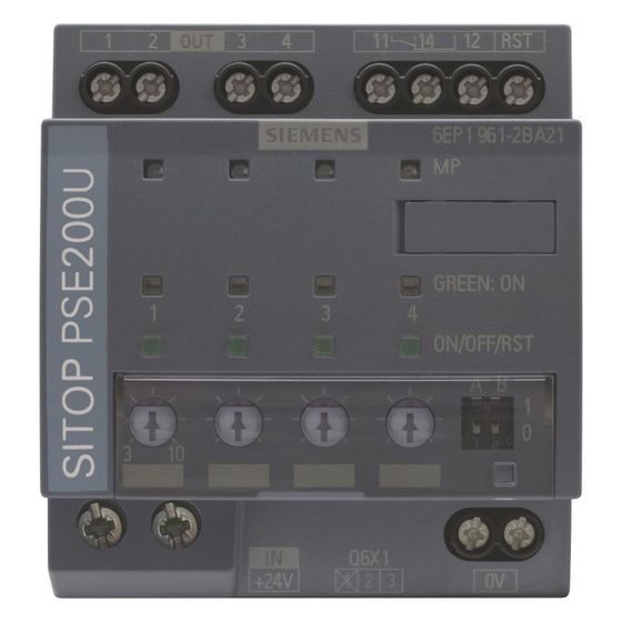 Siemens SITOP PSE200U Selektivitätsmodul 4-kanalig 24VDC 10A Schraubanschluss 80x72x72mm 6EP19612BA21