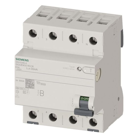 Siemens FI-Schutzschalter SENTRON 5SV3 Typ B 63A 30mA 4-polig 4TE 400V kurzzeitverzögert