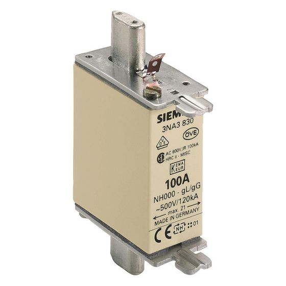 Siemens NH-Sicherungseinsatz NH000 100A 500V AC/250V DC gG Stirnkennmelder 3NA3830