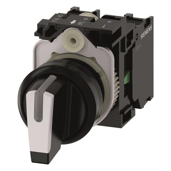 Siemens Knebelschalter 3SU11002BL601NA0 beleuchtbar 3-Stellungen 22,3mm Kunststoff schwarz/weiß 2 Schließer IP67/IP69K