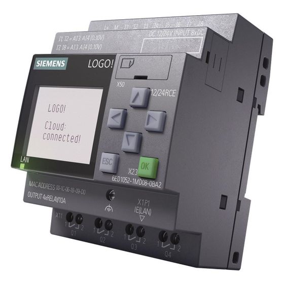 Siemens LOGO! 12/24RCE Logikmodul mit Display 8DE/4DA 10,8-28,8V DC 10A 90x71,5x60mm 6ED1052-1MD08-0BA2