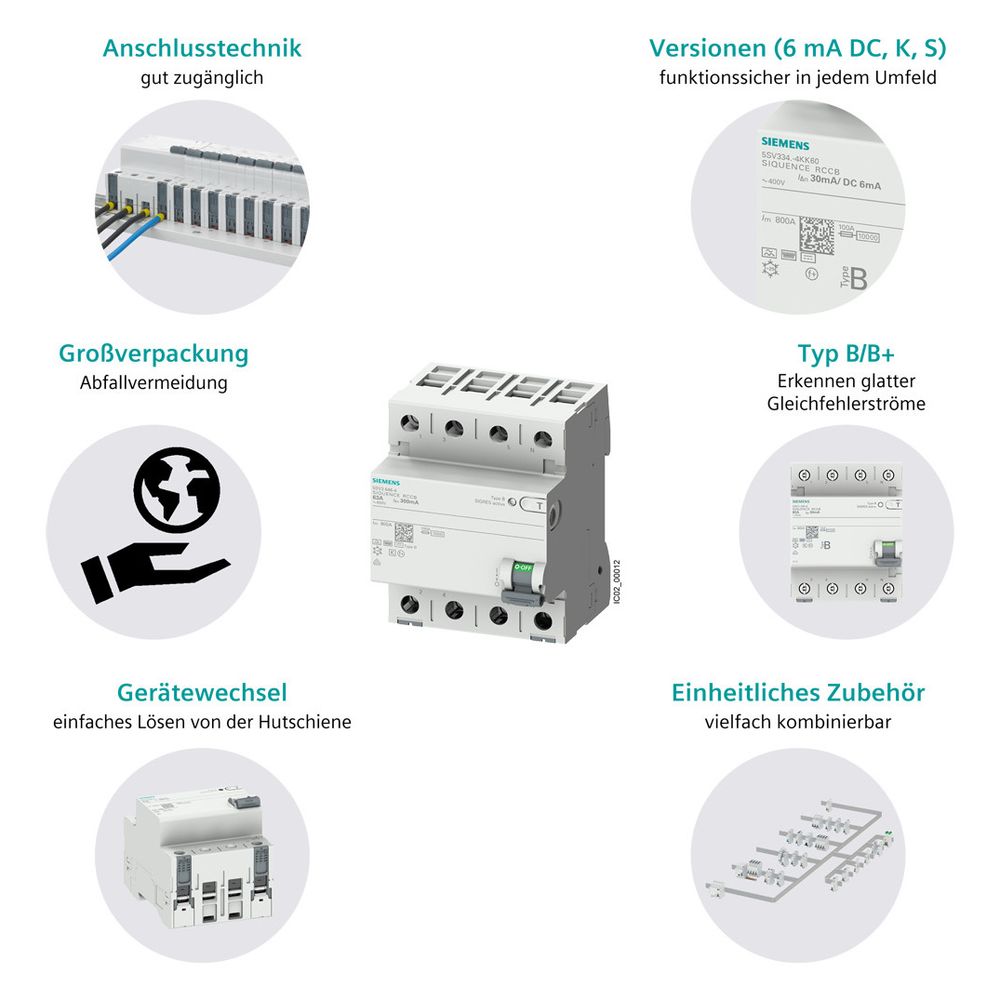Siemens FI-Schutzschalter SENTRON 5SV3 Typ B 63A 30mA 4-polig 4TE 400V kurzzeitverzö... SIEMENS-5SV33464 4001869549040 (Abb. 14)