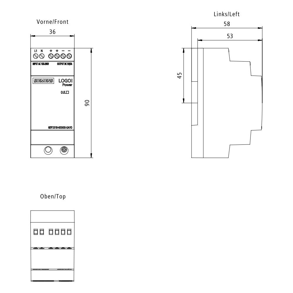 Siemens LOGO!Power Netzgerät 5V 3A 15W IP20 90x36x53mm 6EP3310-6SB00-0AY0... SIEMENS-6EP33106SB000AY0 4025515154785 (Abb. 5)
