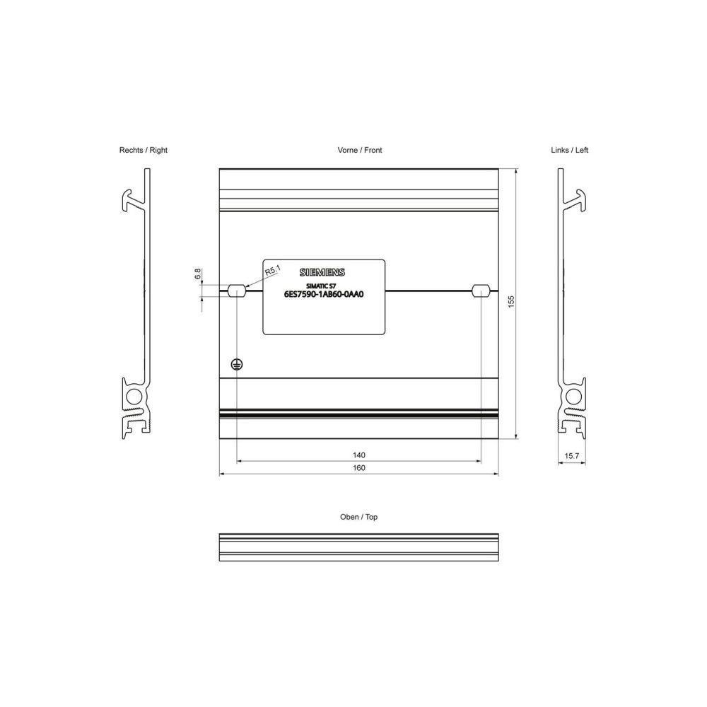 Siemens SIMATIC S7-1500 Profilschiene 160mm mit Erdungsschraube Aluminium 160... SIEMENS-6ES75901AB600AA0 4025515079385 (Abb. 2)