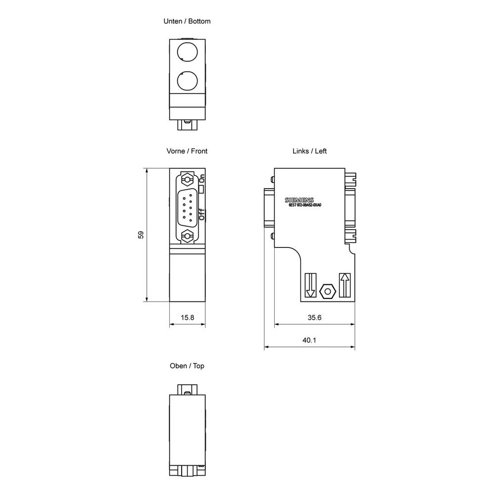 Siemens SIMATIC DP Anschlussstecker für PROFIBUS 90 Grad 15,8x59x35,6mm 6ES79... SIEMENS-6ES79720BA520XA0 4025515077299 (Abb. 2)