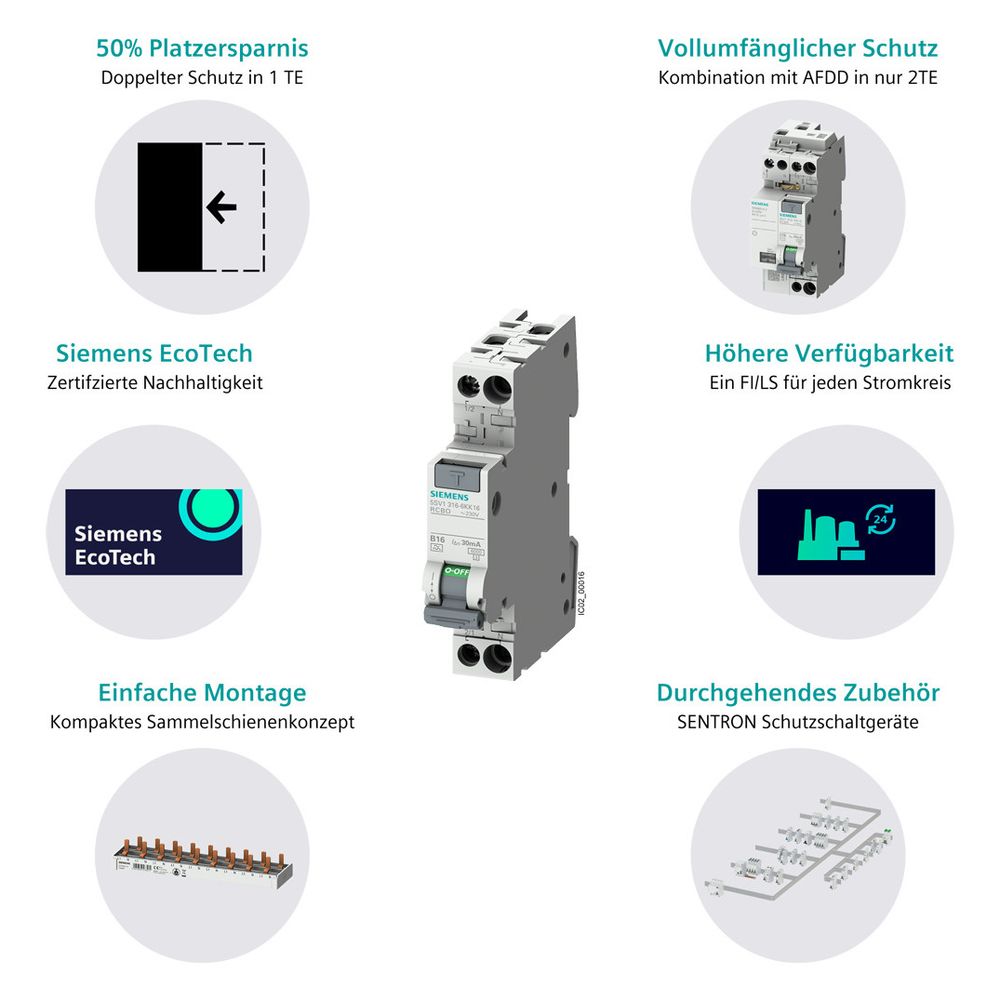 Siemens FI/LS-Schalter 5SV1 5SV1316-6KK16, 6kA, Typ A, B16, 30mA, 1 TE, 230V, 2-... SIEMENS-5SV13166KK16 4001869557779 (Abb. 13)