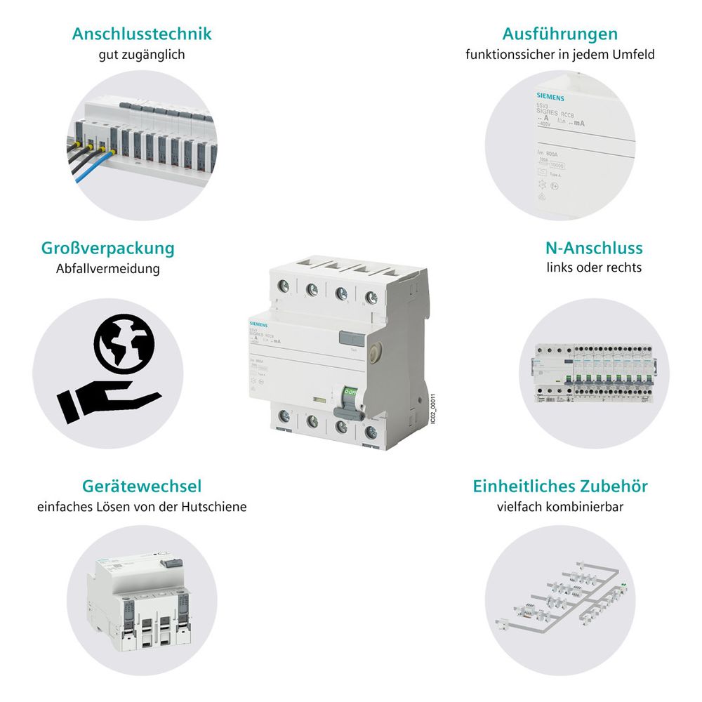 Siemens FI-Schutzschalter SENTRON 5SV3 4-polig Typ A 63A 30mA 400V DIN-Schiene 5SV3... SIEMENS-5SV33466KL 4001869430133 (Abb. 8)