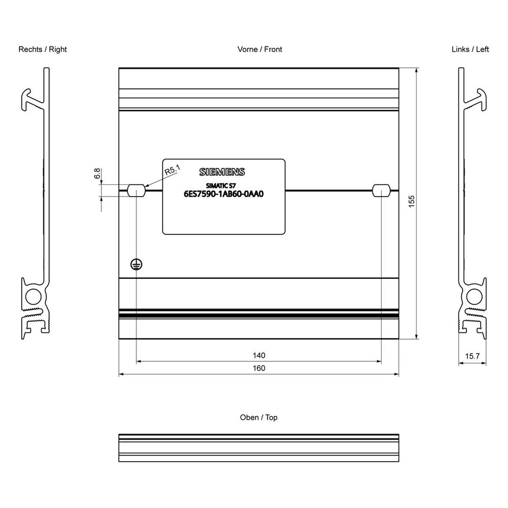 Siemens SIMATIC S7-1500 Profilschiene 160mm mit Erdungsschraube Aluminium 160... SIEMENS-6ES75901AB600AA0 4025515079385 (Abb. 4)