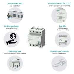 Siemens FI-Schutzschalter 5SV3646-4 Typ B 63A 300mA 4-polig 4TE 400V 5SV3646-4... SIEMENS-5SV36464 4001869549088 (Abb. 1)