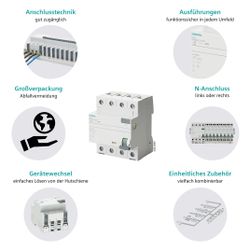 Siemens FI-Schutzschalter SENTRON 5SV3 4-polig Typ A 63A 30mA 400V DIN-Schiene 5SV3... SIEMENS-5SV33466KL 4001869430133 (Abb. 1)