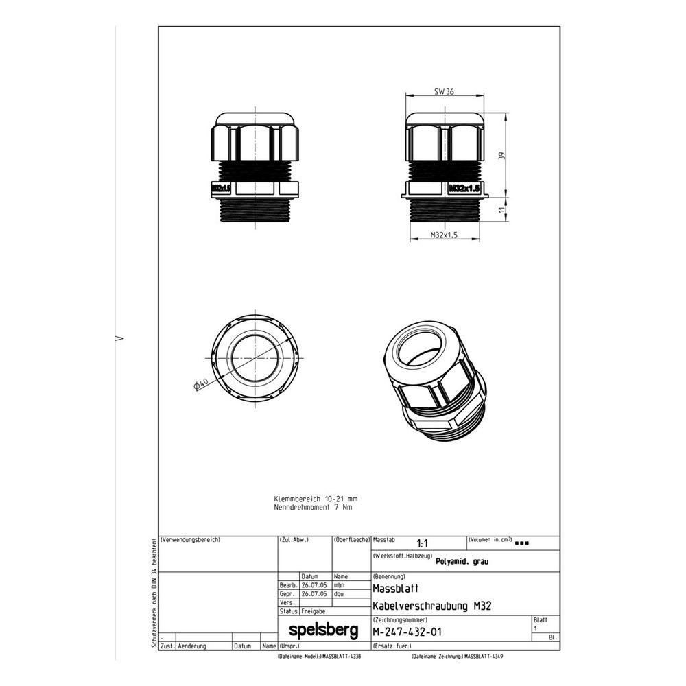 Spelsberg Kabelverschraubung KVR M32-MGM, 36mm, IP68, Polyamid, Grau... SPELSBERG-22743201 4013902012565 (Abb. 2)