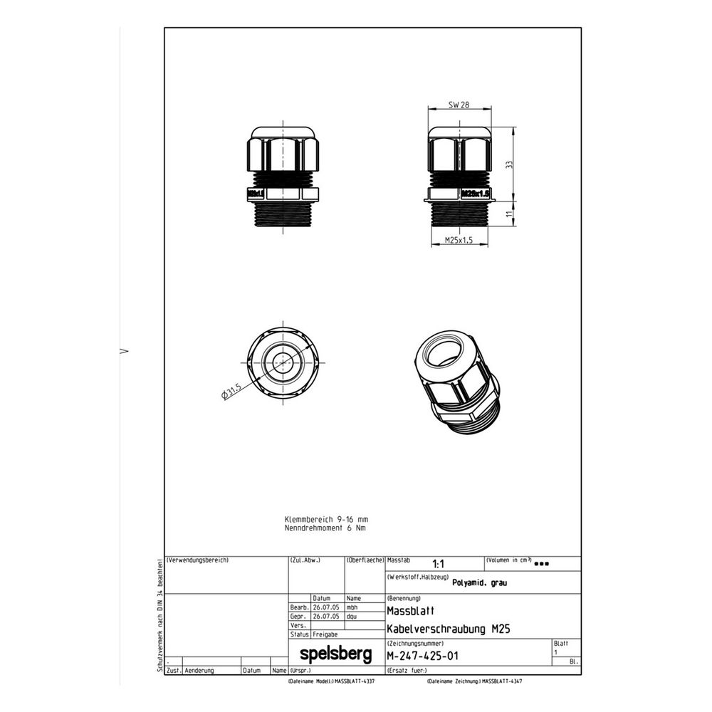 Spelsberg Kabelverschraubung KVR M25-MGM, 27mm Schlüsselweite IP68, Polyamid, Grau... SPELSBERG-22742501 4013902012558 (Abb. 2)