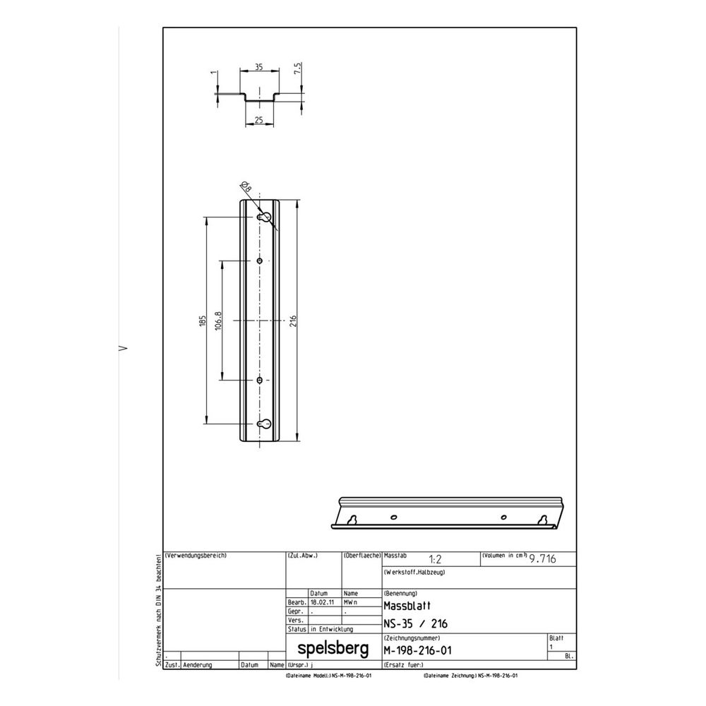 Spelsberg Normschiene NS 35-216, 216x35x7,5mm, Stahl, bandverzinkt... SPELSBERG-19821601 4013902556793 (Abb. 2)
