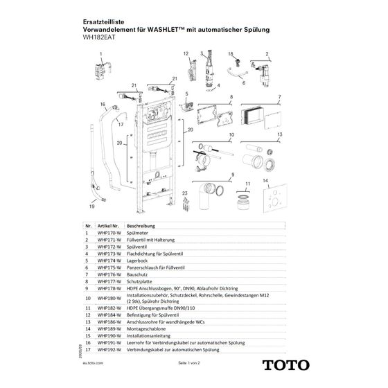 TOTO Verbindungskabel zur automatischen Spülung für Washlet Vorwandelement, WHP192-W