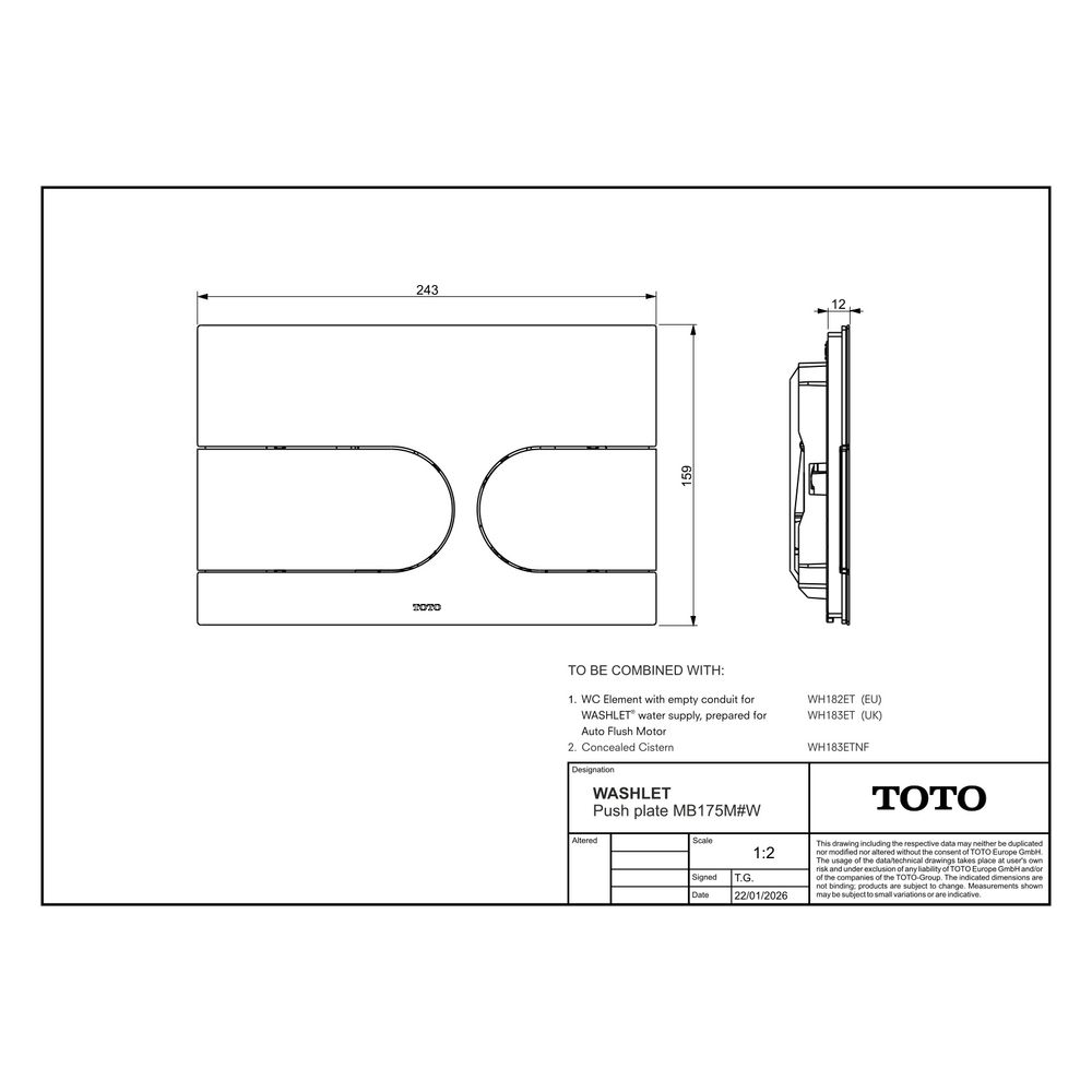 TOTO Drückerplatte für Vorwandelement Washlet mit automatischer Spülung WH182EAT, Mattwe... TOTO-MB175M#W 4050663097288 (Abb. 2)