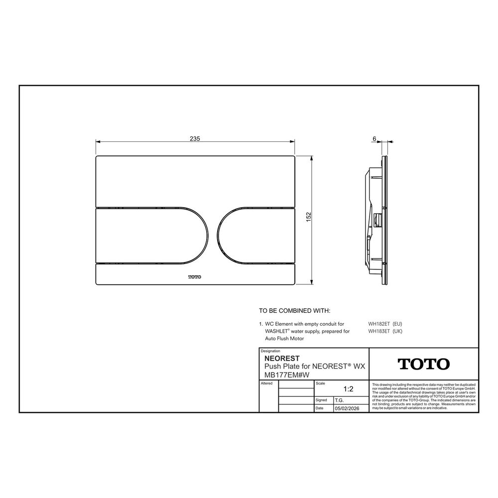 TOTO Drückerplatte für Neorest WX, Vorwandelement Washlet mit automatischer Spülung WH1... TOTO-MB177EM#W 4050553097824 (Abb. 3)