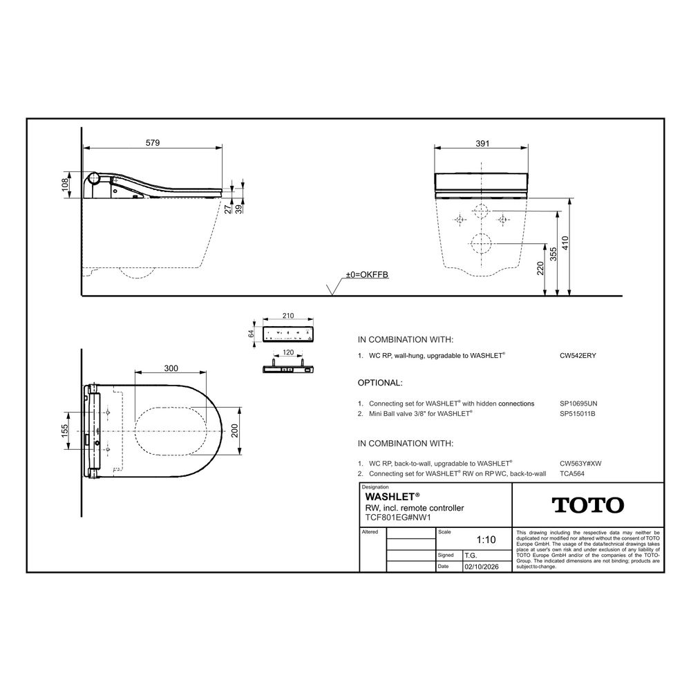 TOTO Washlet Dusch-WC RW, mit Fernbedienung Weiß, Ewater plus, CleanCase und Entkal... TOTO-TCF801EG#NW1 4050663097110 (Abb. 36)