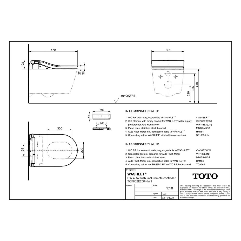 TOTO Washlet Dusch-WC RW auto flush mit Fernbedienung Weiß, Ewater plus, CleanCase... TOTO-TCF802E2G#NW1 4050663097127 (Abb. 34)