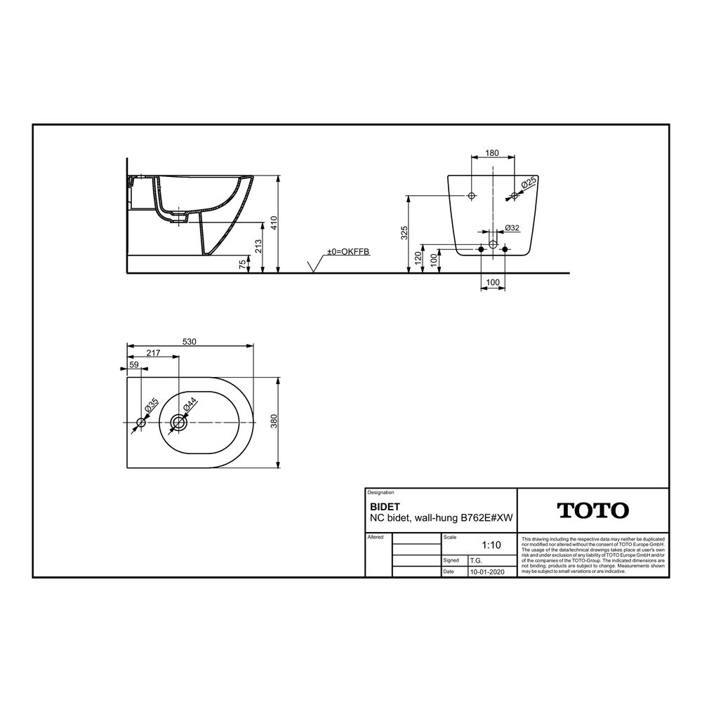 TOTO NC Bidet wandhängend, Vorwandmontage, mit Hahnloch mittig und Überlauf, Keramik Cef... TOTO-B762E#XW 4050663095956 (Abb. 2)