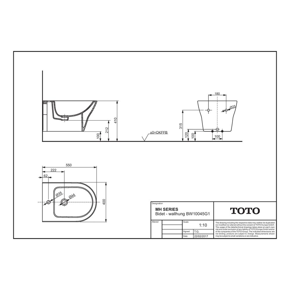 TOTO MH Bidet wandhängend, Vorwandmontage, mit Hahnloch mittig und Überlauf, Keramik Ce... TOTO-BW10045G1 4050663094041 (Abb. 4)