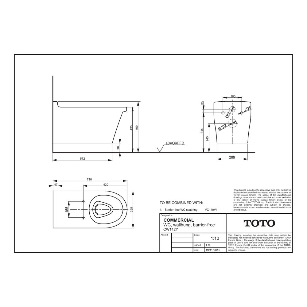 TOTO CF Tiefspül-Wand-WC, randlos, barrierefrei, Tornado Flush-Düsenspülung, Keramik Cefio... TOTO-CW142Y 4050663093150 (Abb. 4)