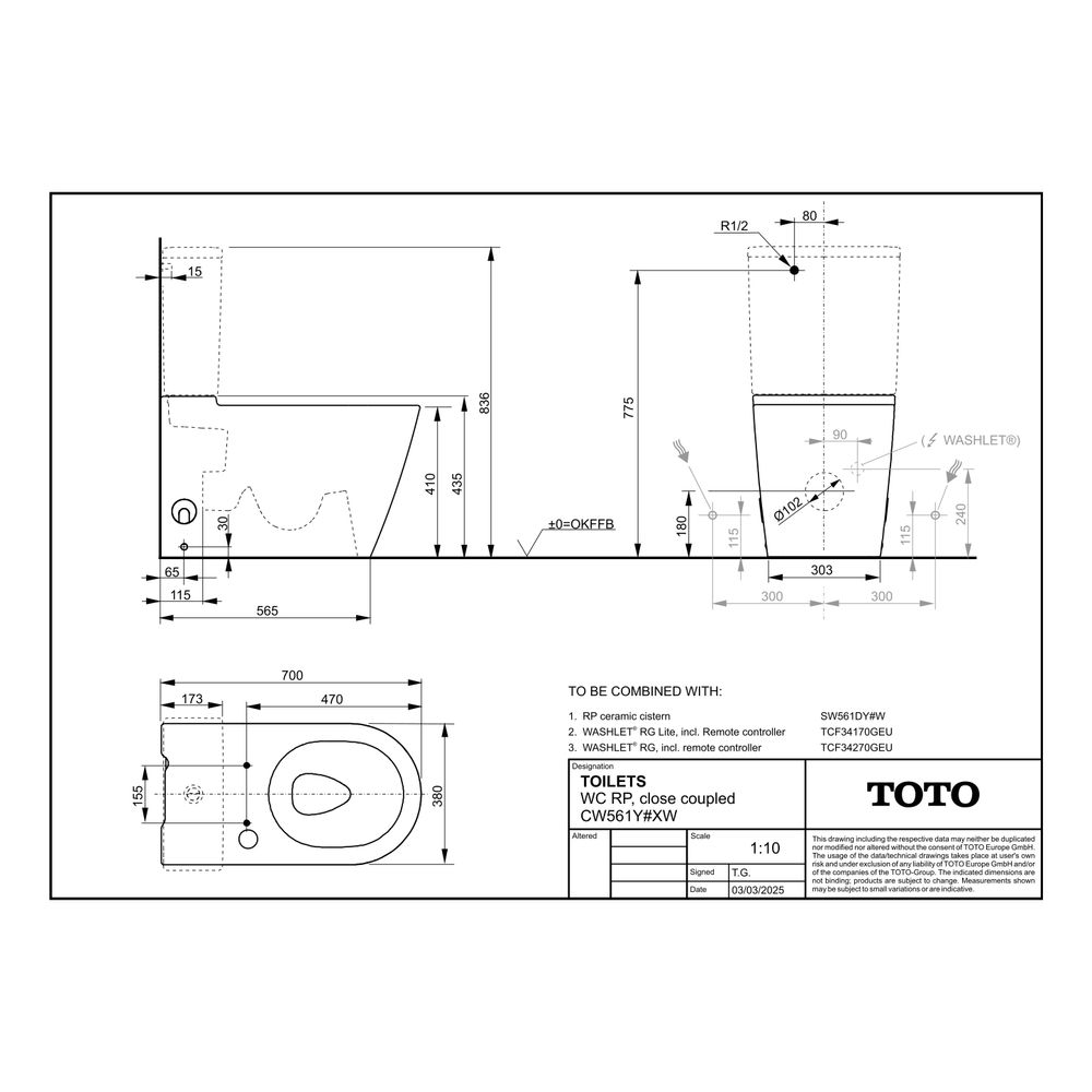 TOTO Tiefspül-Stand-WC RP für Washlet RG/RG Lite, Tornado Flush-Düsenspülung, verd. Ans... TOTO-CW561Y#XW 4050663096830 (Abb. 9)