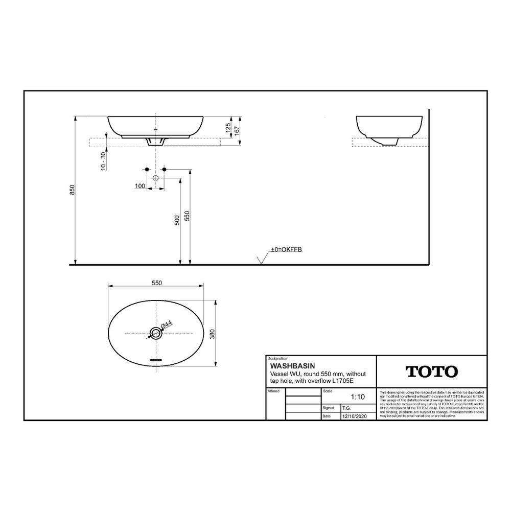 TOTO WU Aufsatzwaschtisch rund, Breite 550mm, Möbelmontage, ohne Hahnloch, mit Überlauf, K... TOTO-L1705E 4050663095970 (Abb. 2)