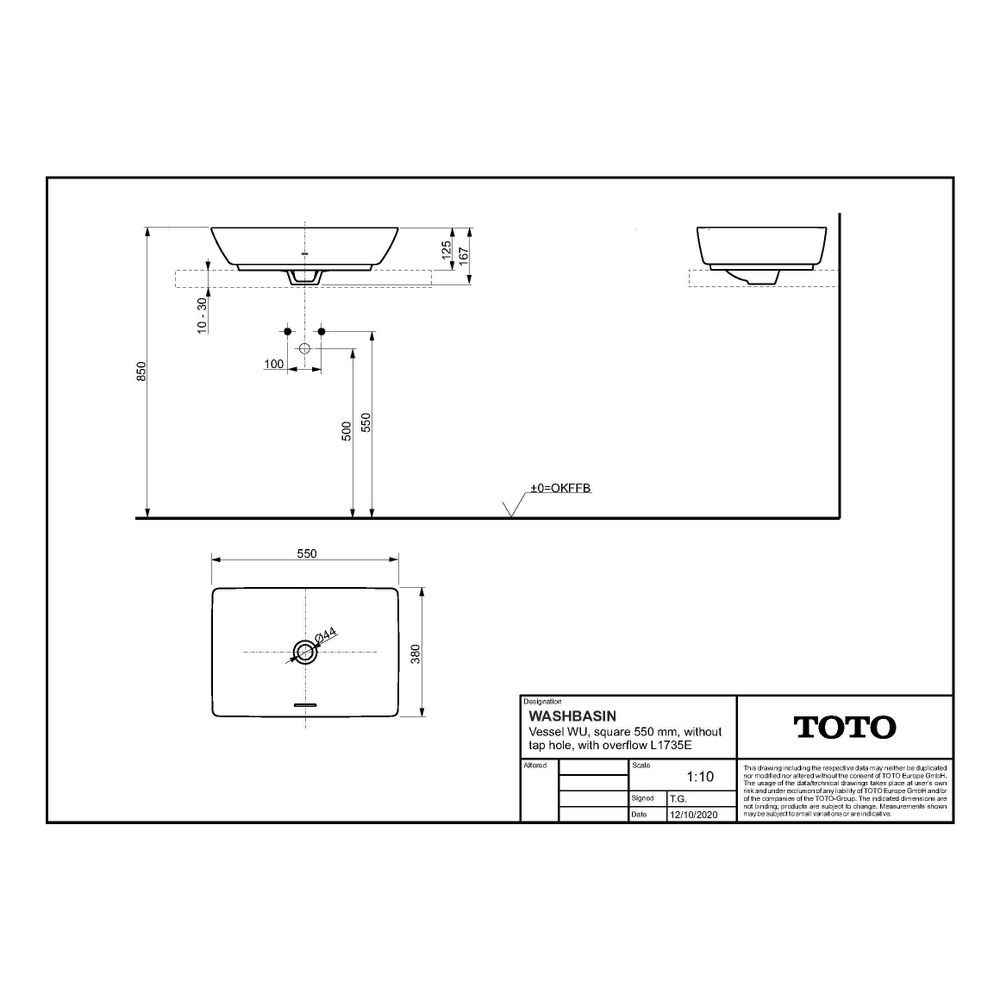 TOTO WU Aufsatzwaschtisch eckig, Breite 550mm, Möbelmontage, ohne Hahnloch, mit Überlauf, ... TOTO-L1735E 4050663095987 (Abb. 2)