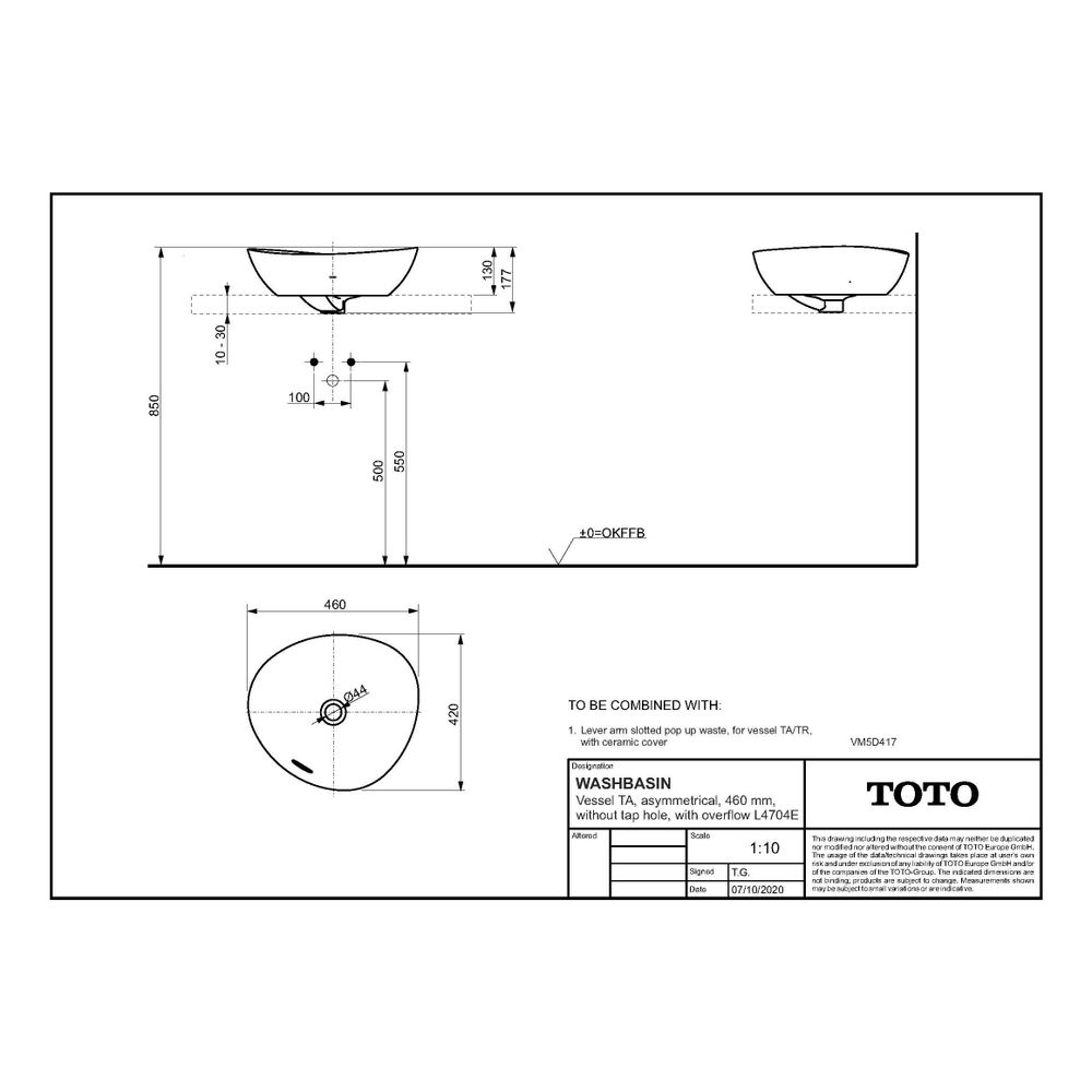TOTO TA Aufsatzwaschtisch asymmetrisch, Breite 460mm, Möbelmontage, ohne Hahnloch, mit Übe... TOTO-L4704E 4050663095390 (Abb. 2)