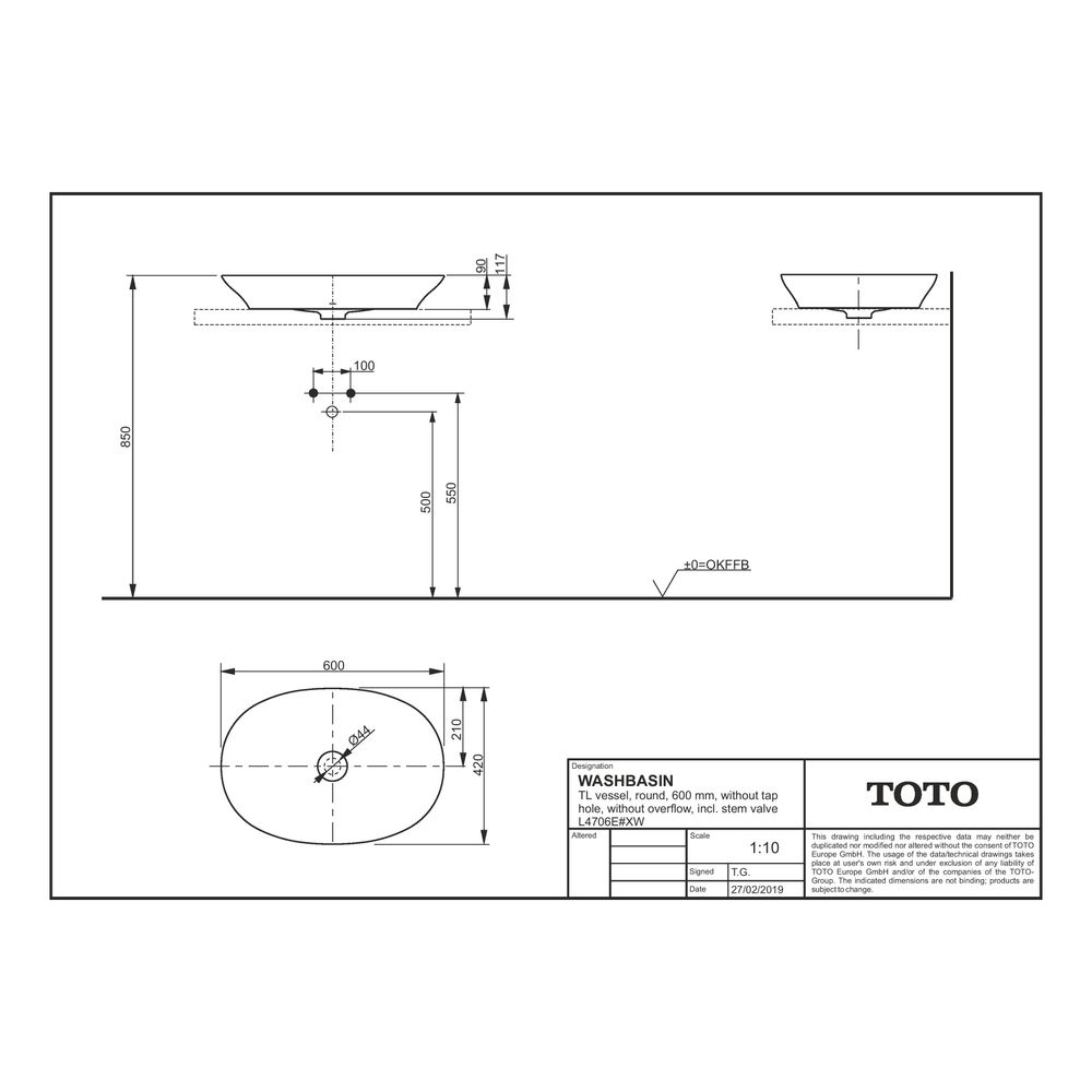 TOTO TL Aufsatzwaschtisch rund, Breite 600mm, Möbelmontage, ohne Hahnloch, ohne Überlau... TOTO-L4706E#XW 4050663094607 (Abb. 2)
