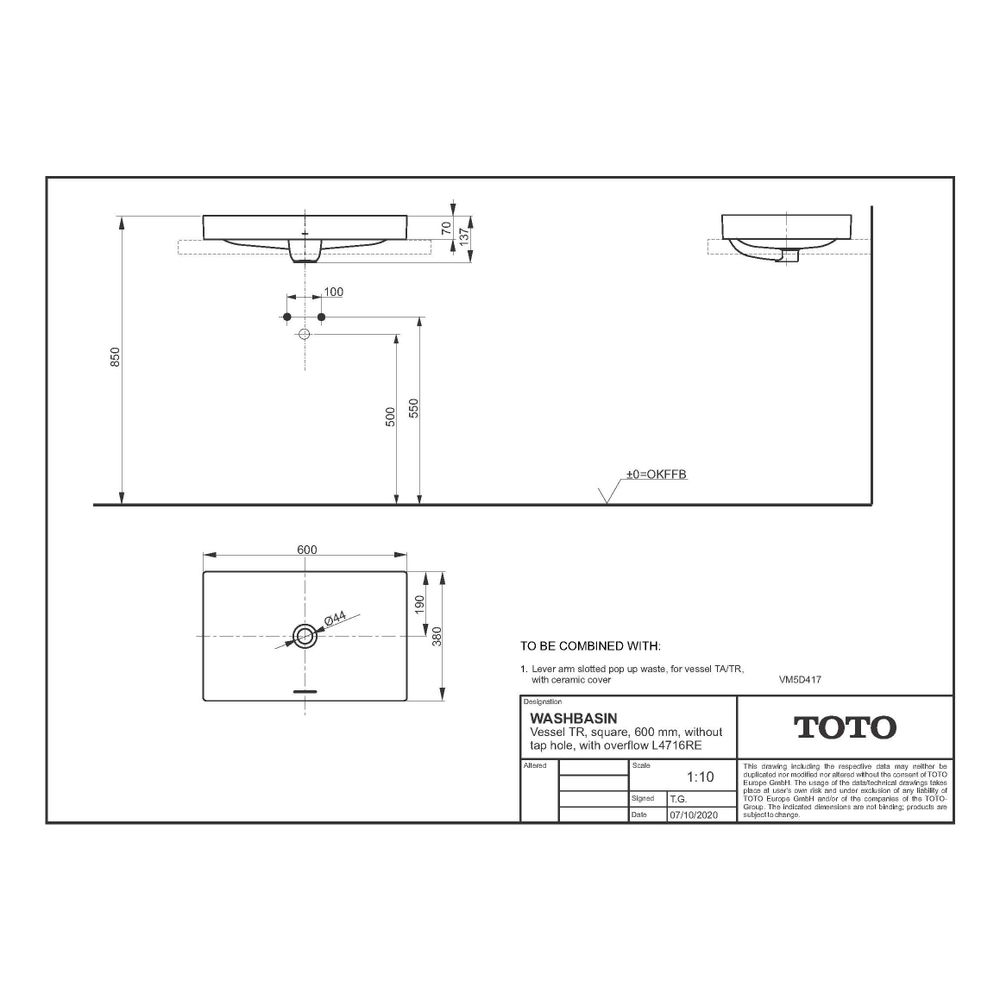TOTO TR Aufsatzwaschtisch eckig, Breite 600mm, Möbelmontage, ohne Hahnloch mit Überlauf, ... TOTO-L4716RE 4050663095666 (Abb. 4)