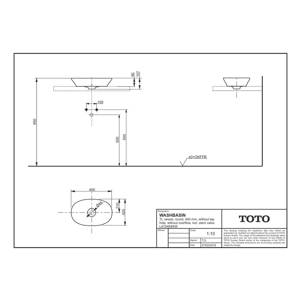 TOTO TL Aufsatzwaschtisch rund, Breite 400mm, Möbelmontage, ohne Hahnloch, ohne Überlau... TOTO-L4724E#XW 4050663094614 (Abb. 2)