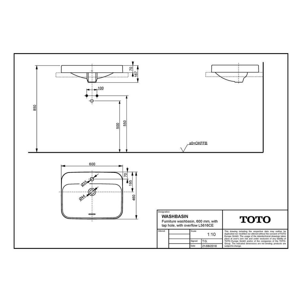 TOTO LF Möbelwaschtisch Breite 600mm, Möbelmontage, mit Hahnloch und Überlauf, Keramik Ce... TOTO-L5616CE 4050663094010 (Abb. 4)