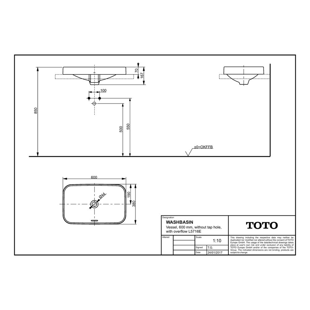 TOTO LF Aufsatzwaschtisch Breite 600mm, Möbelmontage, ohne Hahnloch, mit Überlauf, Keramik... TOTO-L5716E 4050663094034 (Abb. 4)