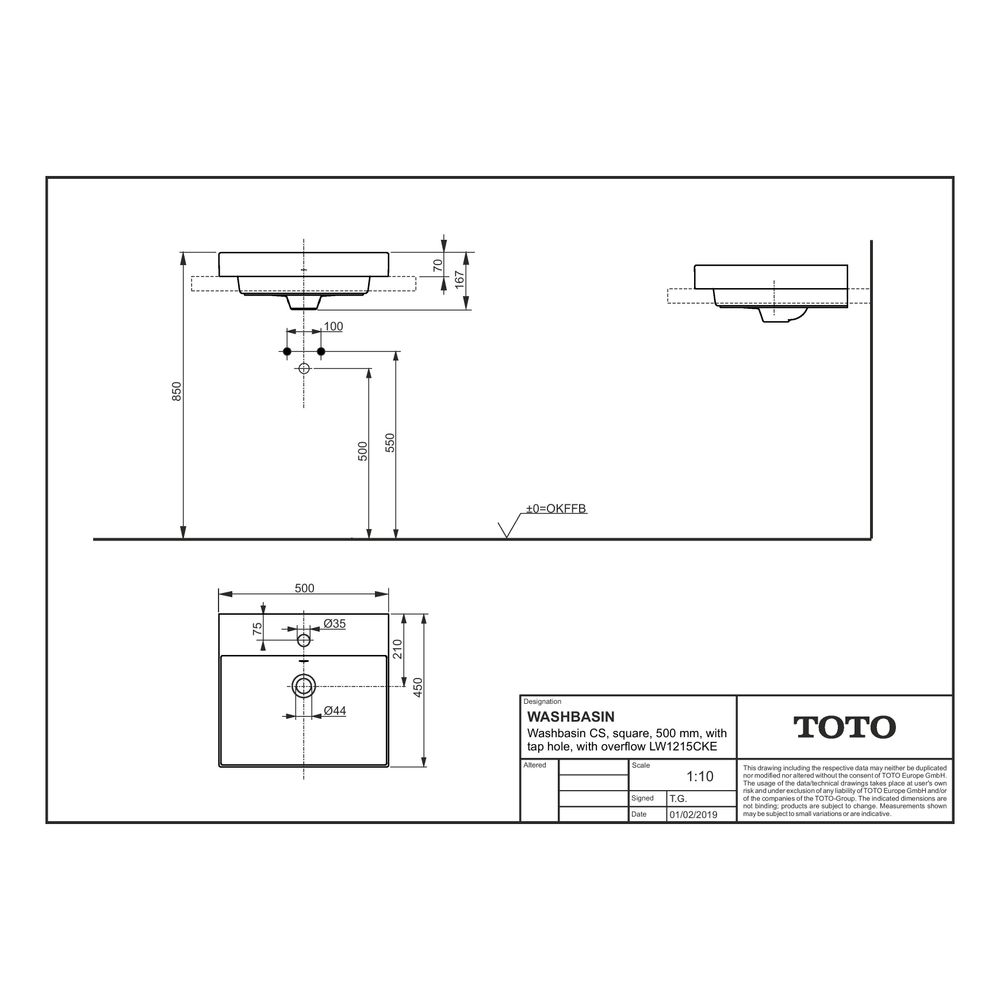 TOTO CS Waschtisch eckig, Breite 500mm, Wandmontage, mit Hahnloch und Überlauf, Keramik... TOTO-LW1215CKE 4050663094881 (Abb. 2)