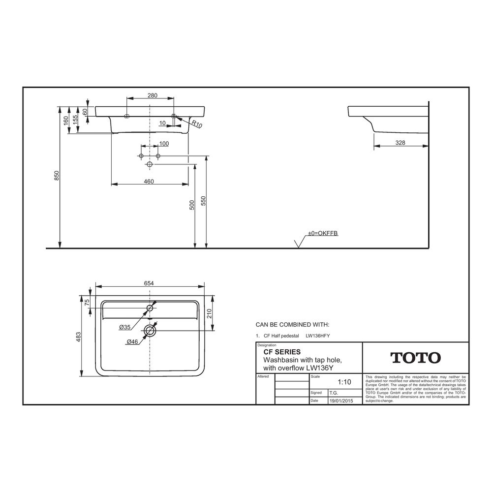 TOTO CF Waschtisch Breite 654mm, Wandmontage, mit Hahnloch und Überlauf, Keramik Cefionte... TOTO-LW136Y 4050663093532 (Abb. 10)