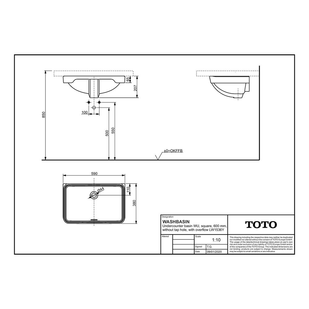 TOTO WU Unterbauwaschtisch eckig, Breite 590mm, Möbelmontage, ohne Hahnloch, mit Überlauf... TOTO-LW1536Y 4050663095420 (Abb. 4)