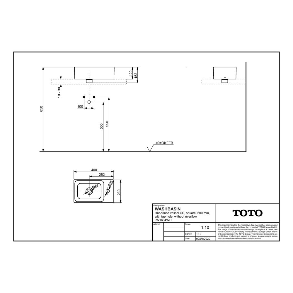 TOTO CS Aufsatzhandwaschbecken eckig, Breite 400mm, Möbelmontage, mit Hahnloch, ohne Übe... TOTO-LW1634WH 4050663095611 (Abb. 4)