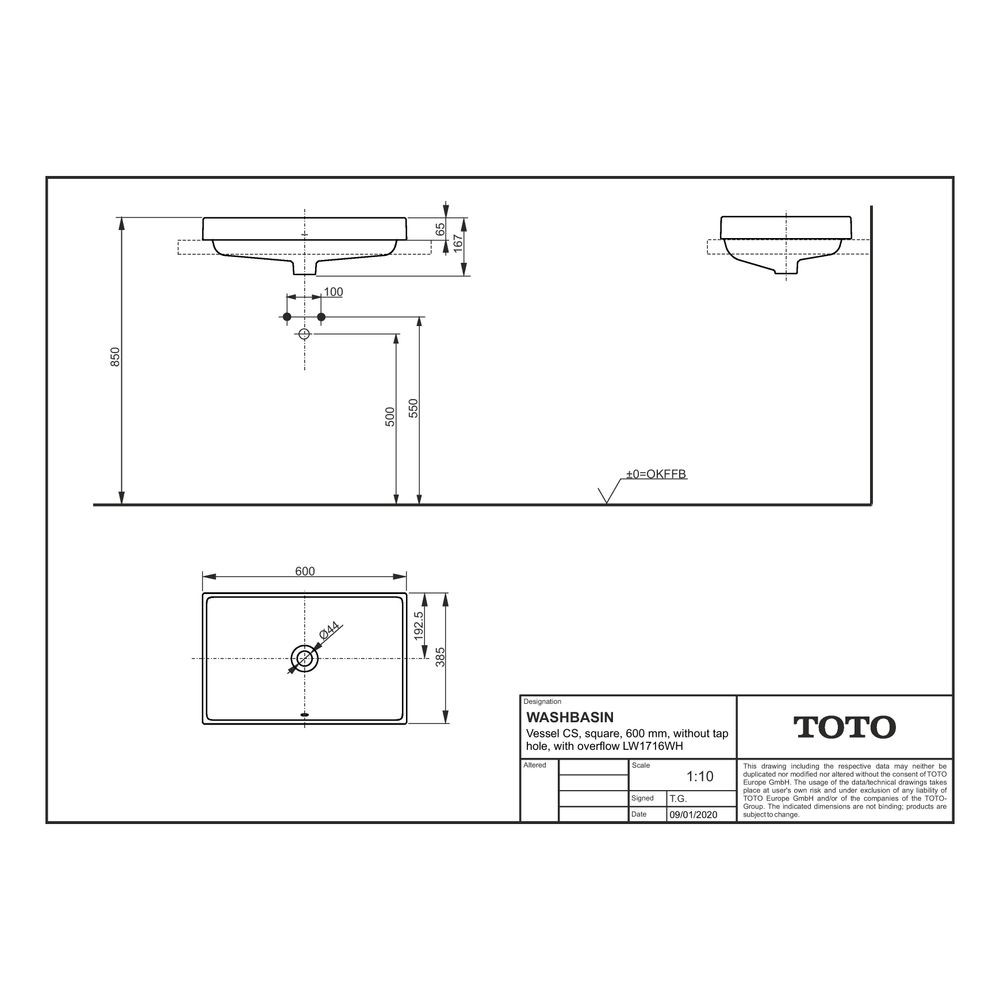 TOTO CS Aufsatzwaschtisch eckig, Breite 600mm, Möbelmontage, ohne Hahnloch, mit Überlauf... TOTO-LW1716WH 4050663095581 (Abb. 4)