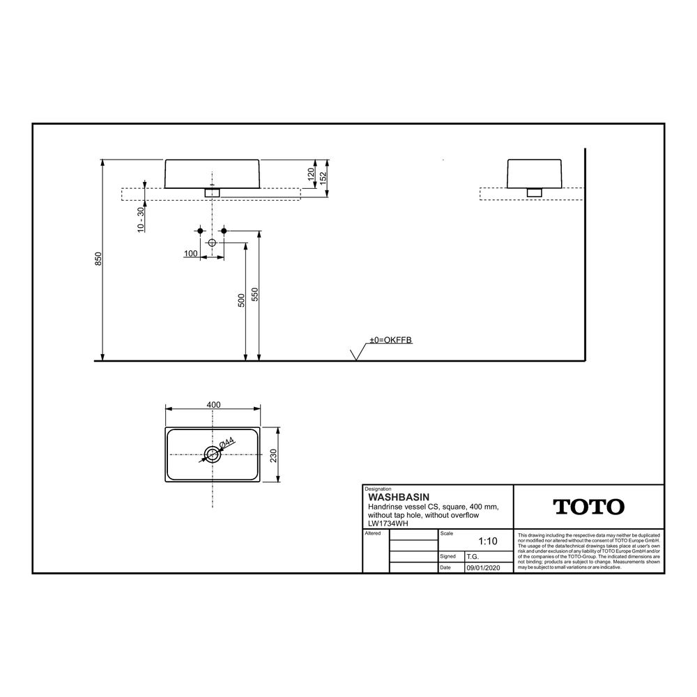 TOTO CS Aufsatzhandwaschbecken eckig, Breite 400mm, Möbelmontage, ohne Hahnloch, ohne Üb... TOTO-LW1734WH 4050663095604 (Abb. 4)