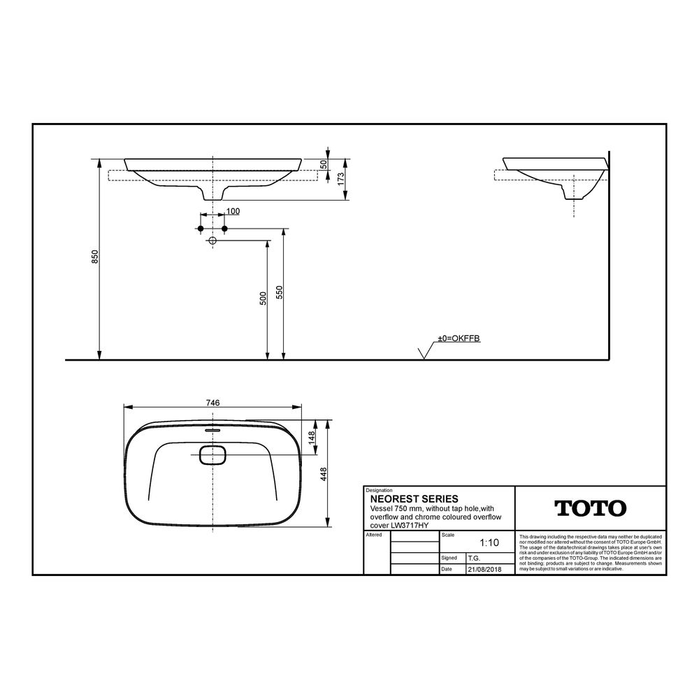 TOTO Neorest Aufsatzwaschtisch Breite 746mm, ohne Hahnloch, mit Überlauf, Keramik Cefion... TOTO-LW3717HY 4050663093419 (Abb. 4)