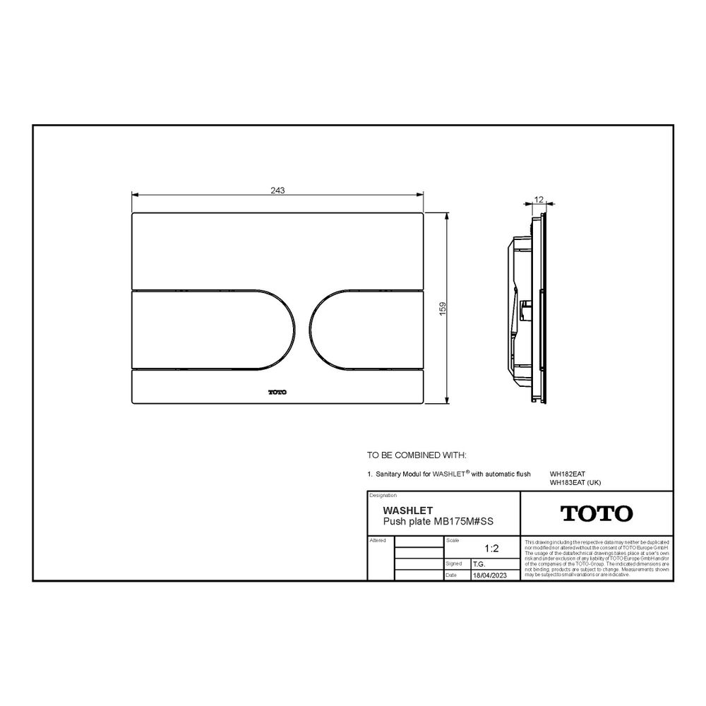 TOTO Drückerplatte, Edelstahl gebürstet, für Vorwandelement Washlet mit automatischer S... TOTO-MB175M#SS 4050663095901 (Abb. 2)