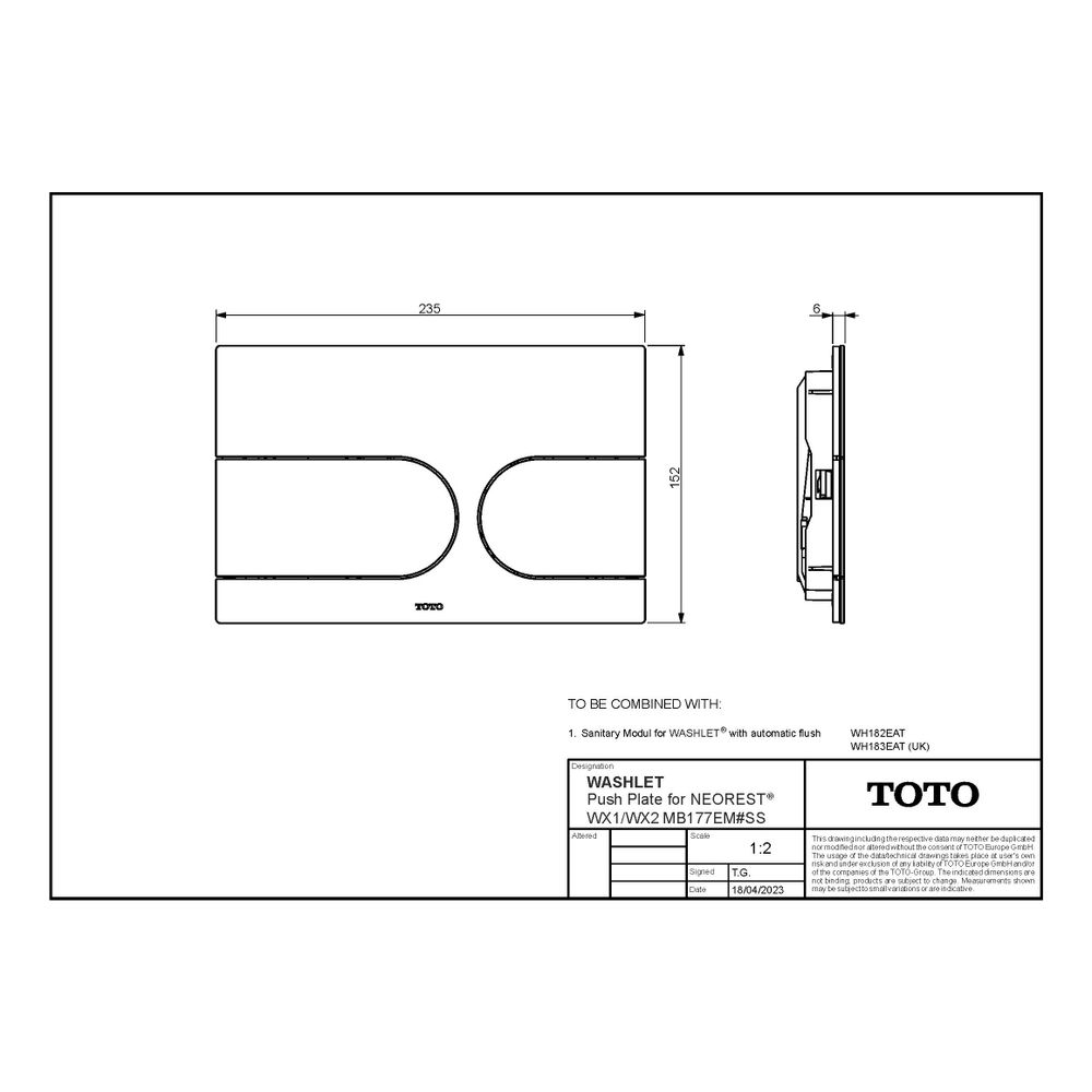 TOTO Drückerplatte für Neorest WX, Aluminium gebürstet, für Vorwandelement Washlet mit ... TOTO-MB177EM#S 4050663096687 (Abb. 2)