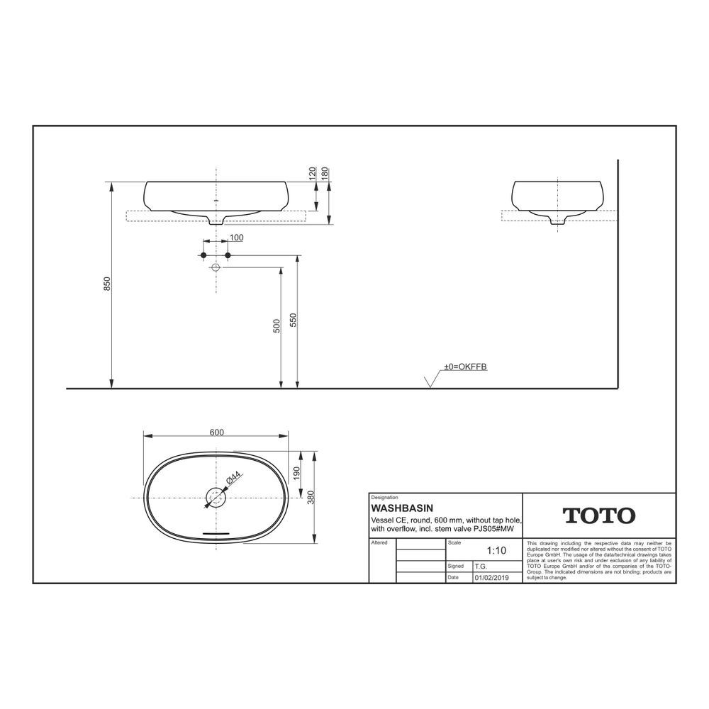 TOTO CE Aufsatzwaschtisch rund, 600mm, ohne Hahnloch, mit Überlauf und Schaftventil, ... TOTO-PJS05WEE#MW 4050663095031 (Abb. 2)