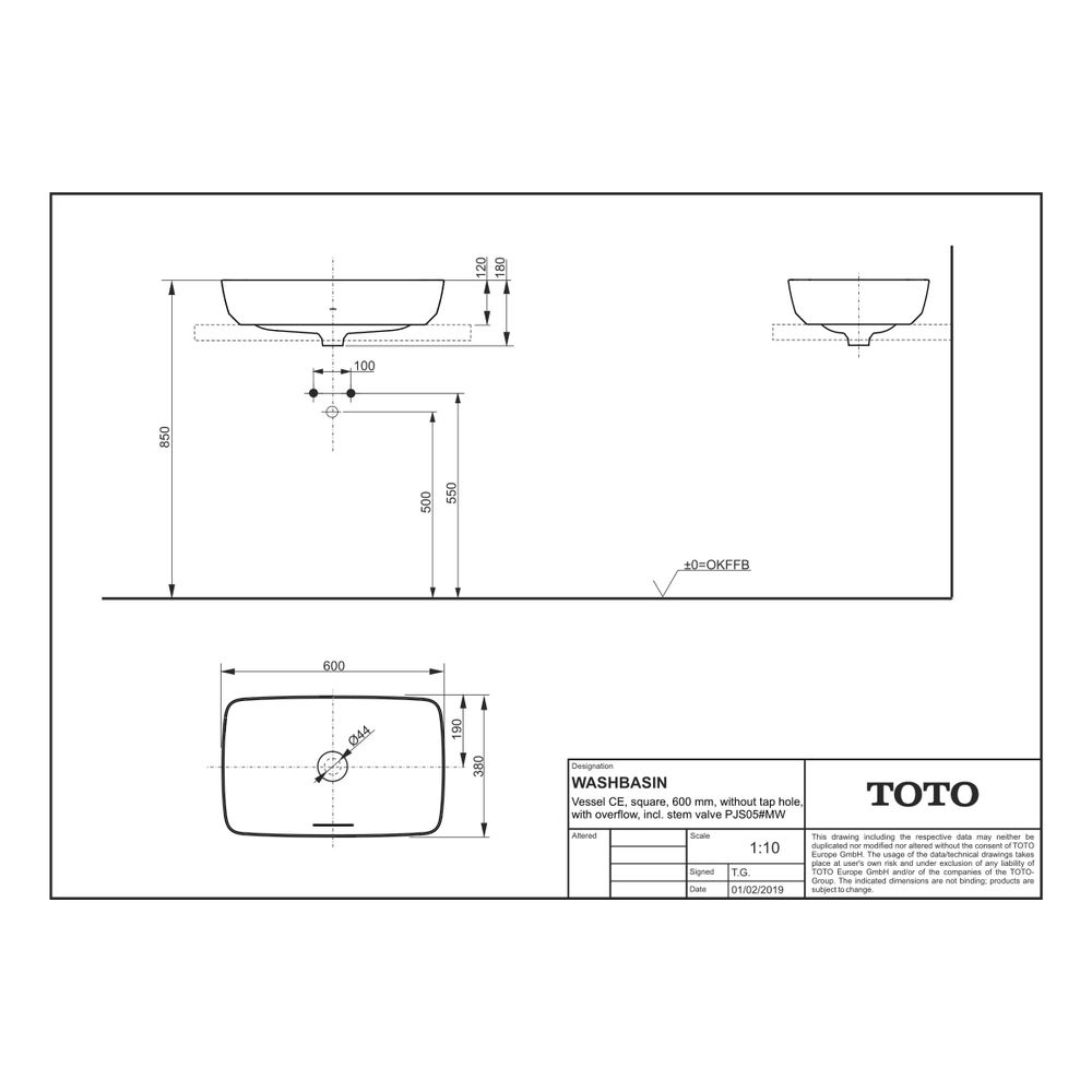 TOTO CE Aufsatzwaschtisch eckig, 600mm, ohne Hahnloch, mit Überlauf und Schaftventil,... TOTO-PJS06WEE#MW 4050663095048 (Abb. 2)