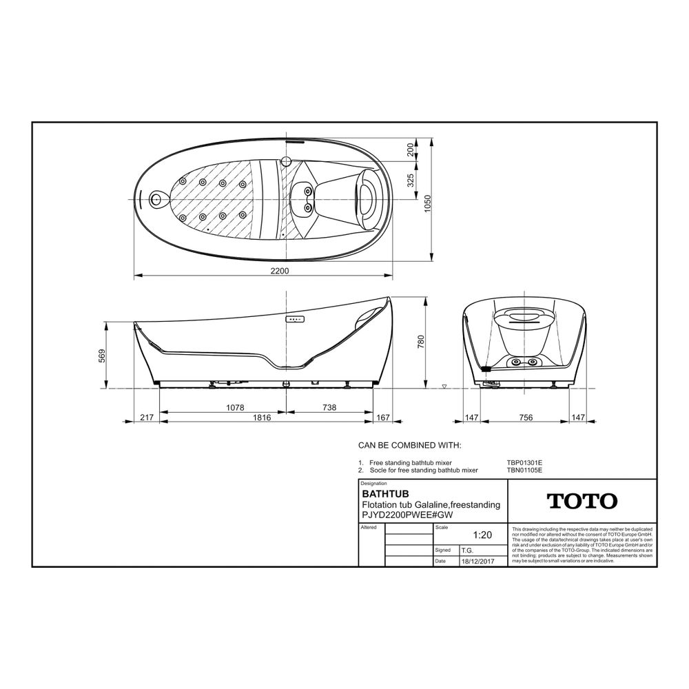 TOTO Floating Badewanne freistehend, 2200mm, Galaline, Weiß, Hydrohands-Warmwasse... TOTO-PJYD2200PWEE#GW 4050663094539 (Abb. 2)