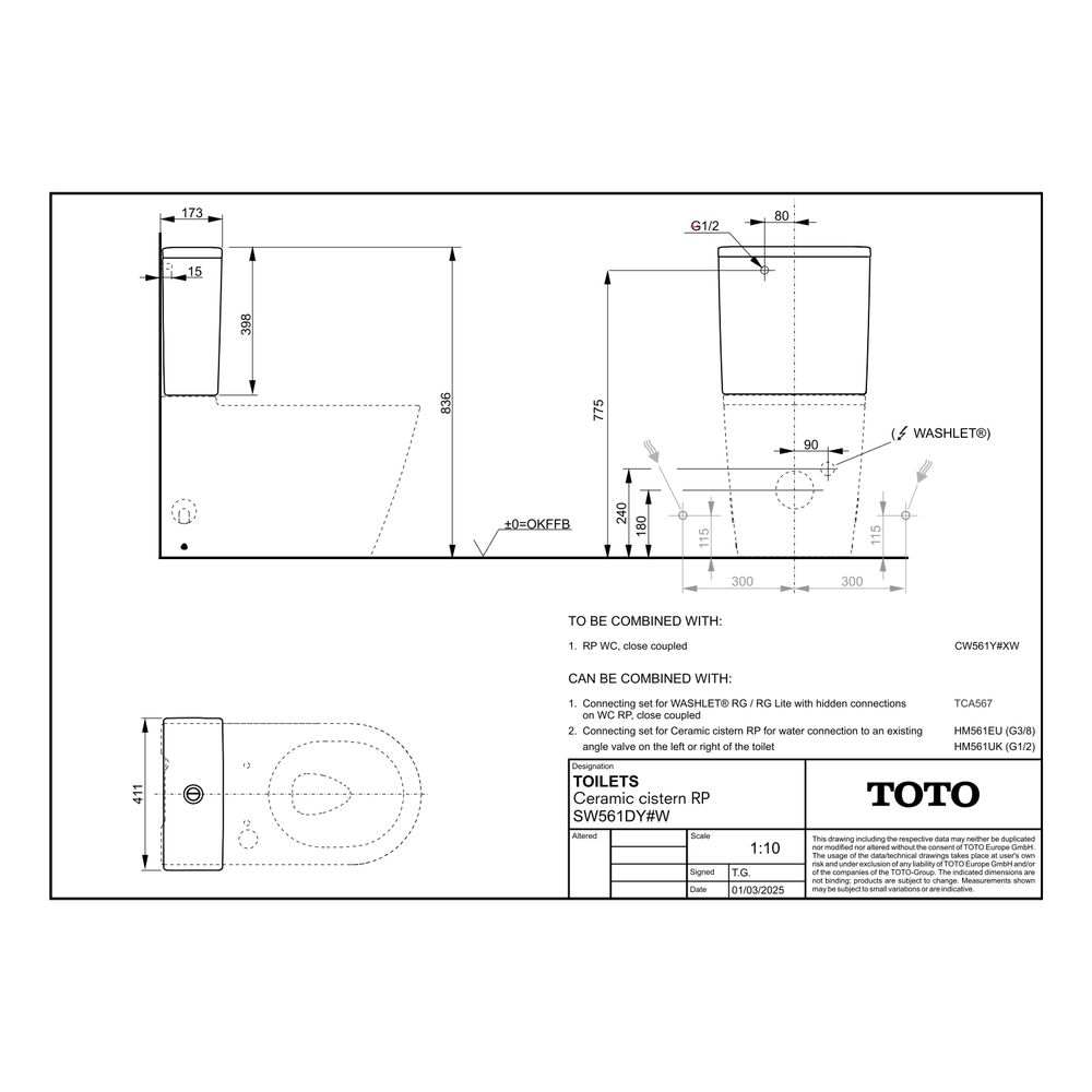 TOTO Keramik-Spülkasten RP, Aufsatz, Zulauf hinten, 3/4,5-Liter-Spülung, Weiß... TOTO-SW561DY#W 4050663096847 (Abb. 5)