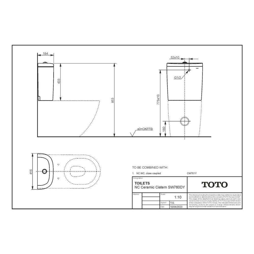TOTO NC Keramik-Spülkasten, 3/6-Liter-Spülung, Aufsatz, Keramik/Kunststoff, Weiß... TOTO-SW760DY 4050663096601 (Abb. 8)