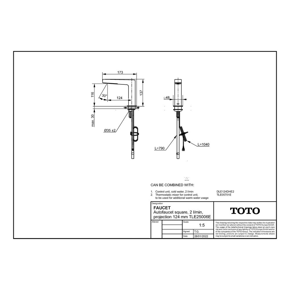 TOTO Automatik-Armaturenauslauf eckig, 2 l/min, Ausladung 124mm, MS verchromt, R 1/2", ... TOTO-TLE25006E 4050663096489 (Abb. 2)