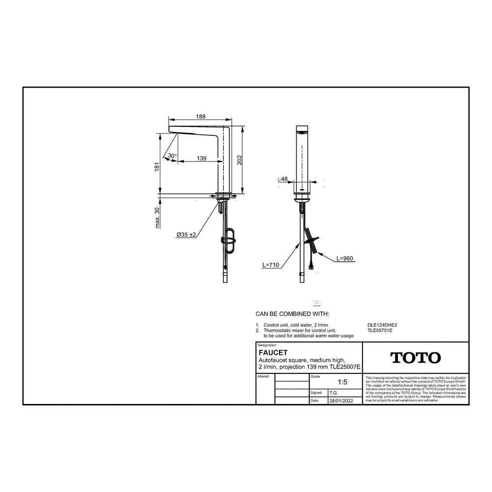 TOTO Automatik-Armaturenauslauf eckig mittelhoch, 2 l/min, Ausladung 139mm, MS verchrom... TOTO-TLE25007E 4050663096496 (Abb. 2)